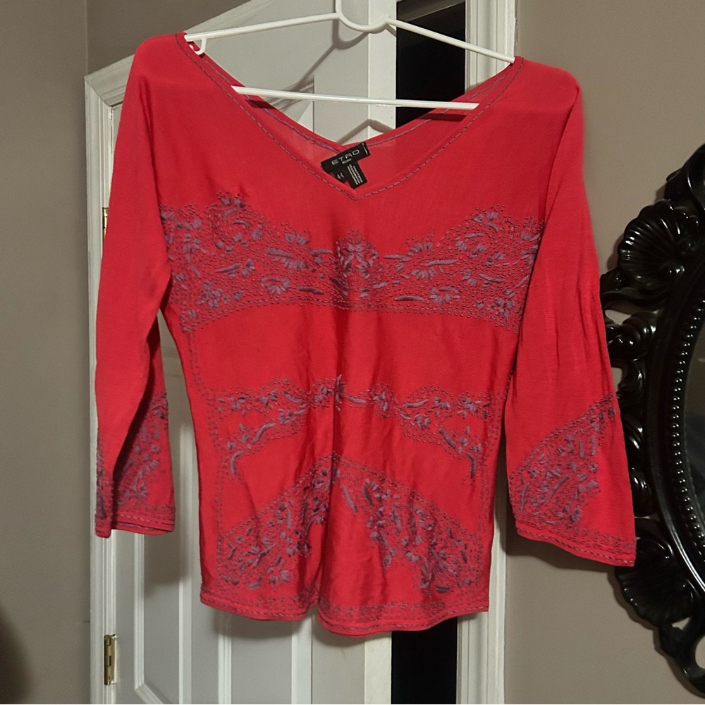 Etro Milano Red Embroidered V-Neck Women's Top